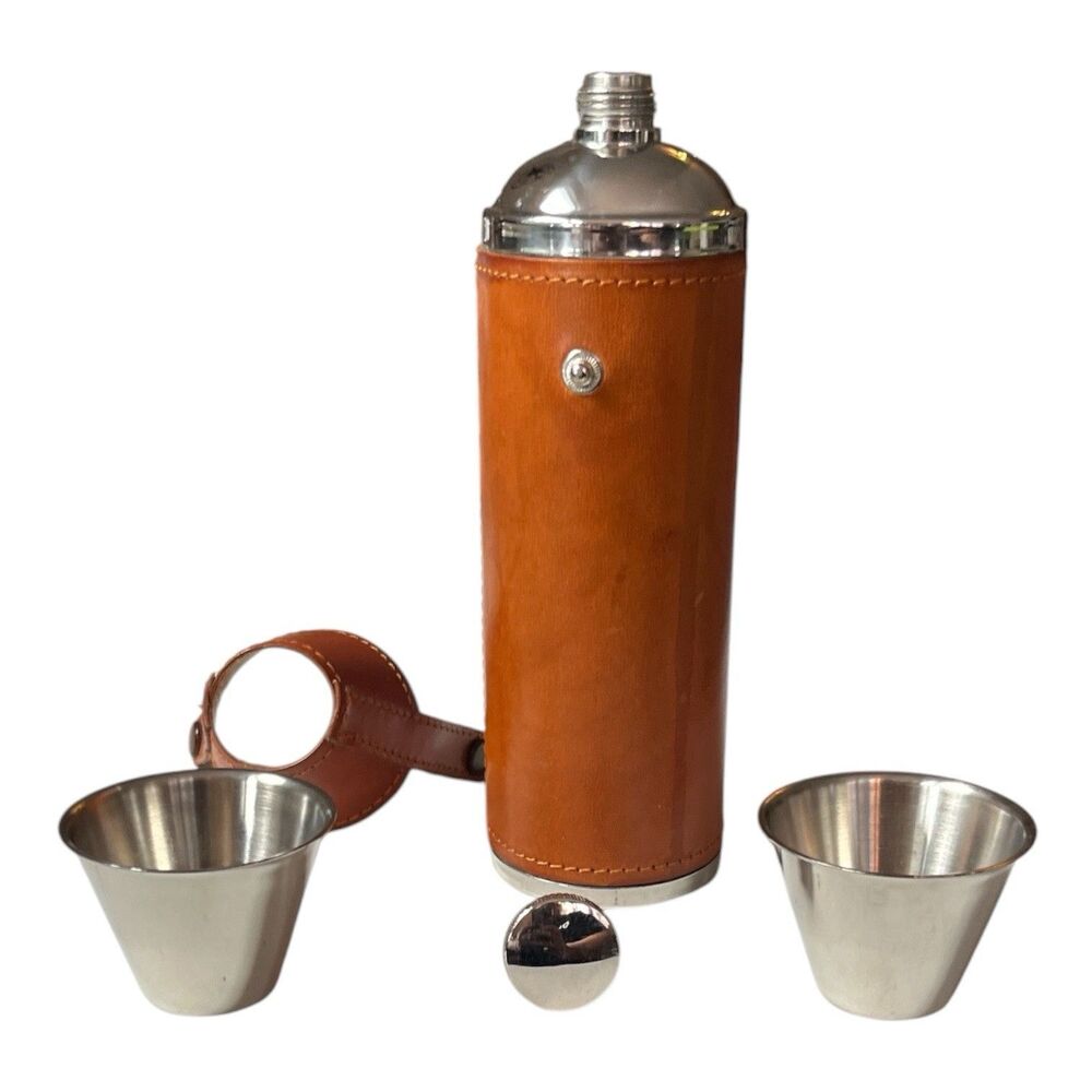 Vintage Leather Covered Traveling Spirit Flask Thermos 2 Shot Glasses 7-1/2"